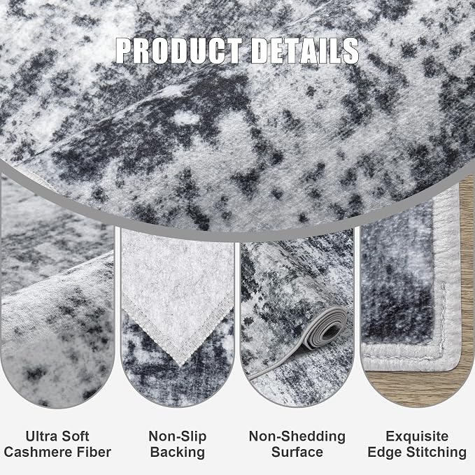 2.6x14 Washable Runner Rug:Modern Abstract Soft Carpet Dark Black | - Image 4