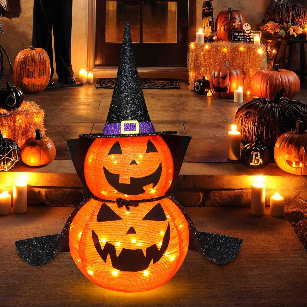 3FT Halloween Collapsible Pumpkin Decoration, 50 LED Pop-Up Pumpkin Lamp with Star Cap, Plug in Halloween Jack-O-Lantern with Metal Stand for Indoor Outdoor Garden Patio Party Decor