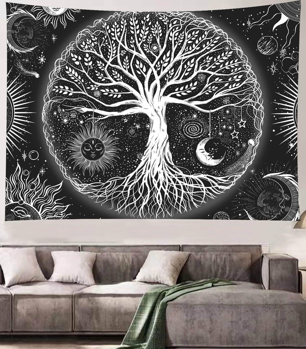 FORATER Tree of Life Tapestry Wall Hanging, Sun and Moon Aesthetic Wall Tapestry Black and White Tapestries Home Decor for Living Room Bedroom(53 x 61 Inch, Black and White)