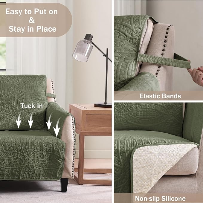 Large Green Recliner Chair Covers, Quilted Décor Water-Repellent Lazy Boy Chair - Image 3