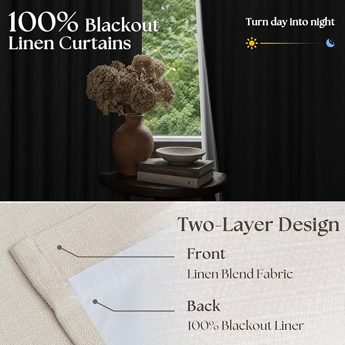 94 Inch Natural Blackout Linen Pinch Pleated Curtains 2 Panels | 100% Black Out - Image 2