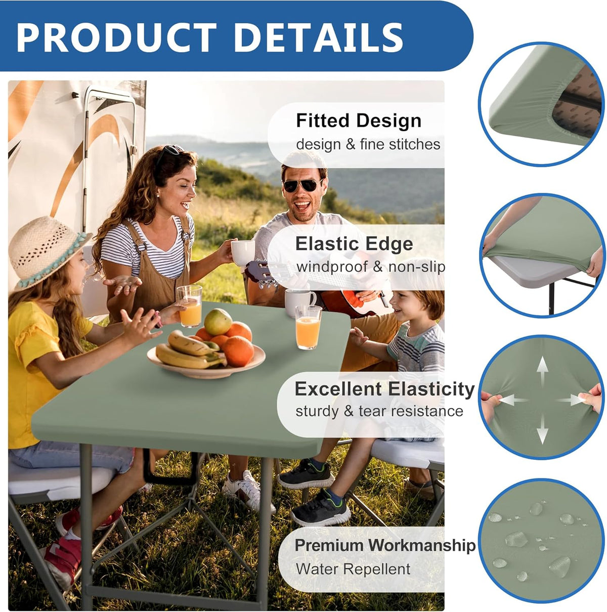 Fitted Tablecloth for 8 Foot Rectangle Tables-4 Pack Sage Elastic Outdoor Picnic Table Cover-Spandex Stretch Folding Table Cloths 8ft for Camping Dining Room Patio Kitchen Banquet Party