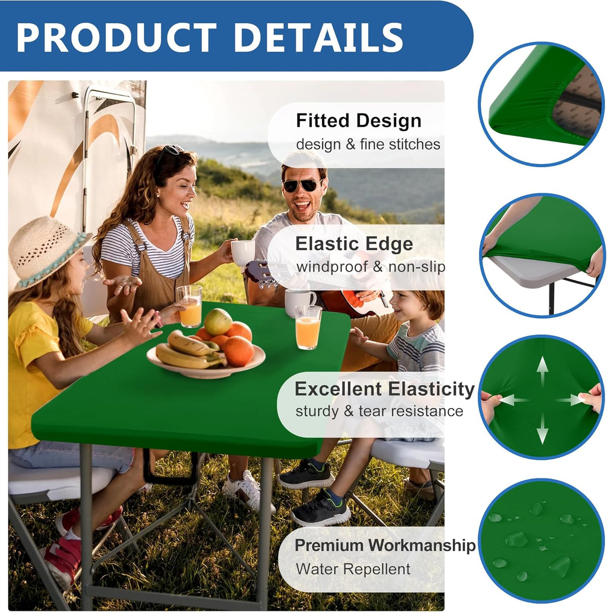 Fitted Tablecloth for 8 Foot Rectangle Tables-4 Pack Green Elastic Outdoor Picnic Table Cover-Spandex Stretch Folding Table Cloths 8ft for Camping Dining Room Patio Kitchen Banquet Party