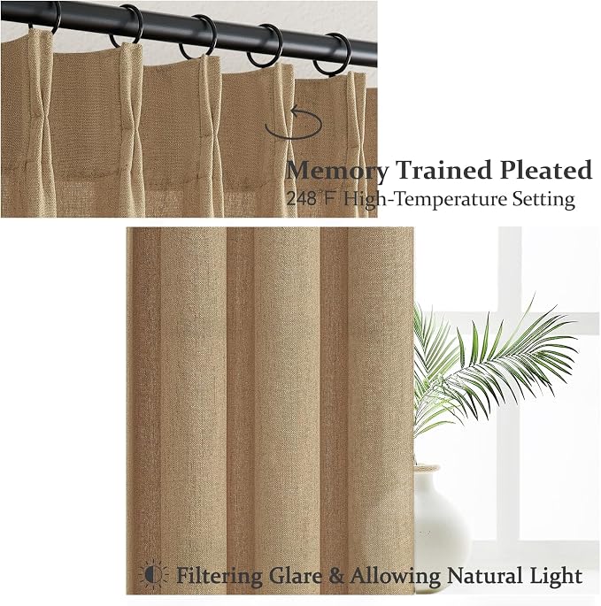 Rust Brown Pleated Flax Linen 102 Inch Extra Long Curtains - Image 3