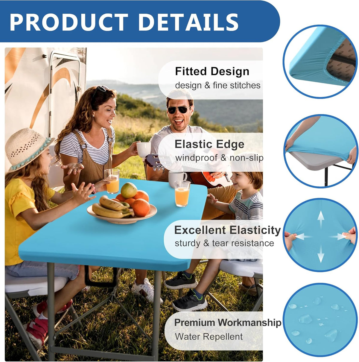 Spandex Table Cover for 6 Foot Rectangle Tables-4 Pack Light Blue Outdoor Picnic Elastic Table Cover-Spandex Stretch Folding Table Cloths for Camping Dining Room Patio Kitchen Banquet Party