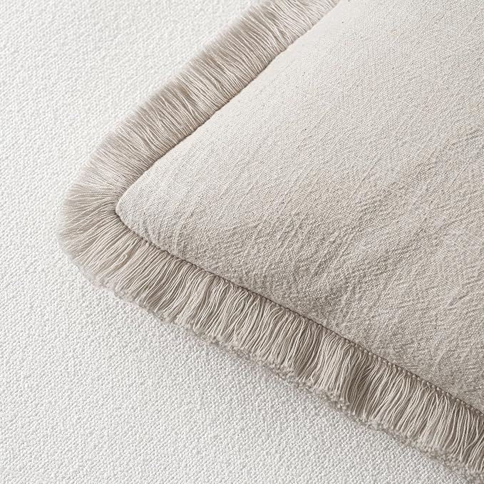 MIULEE Linen Fringe Decorative Euro Pillow Covers Natural Beige 24x24 | Set of 2 - Image 3