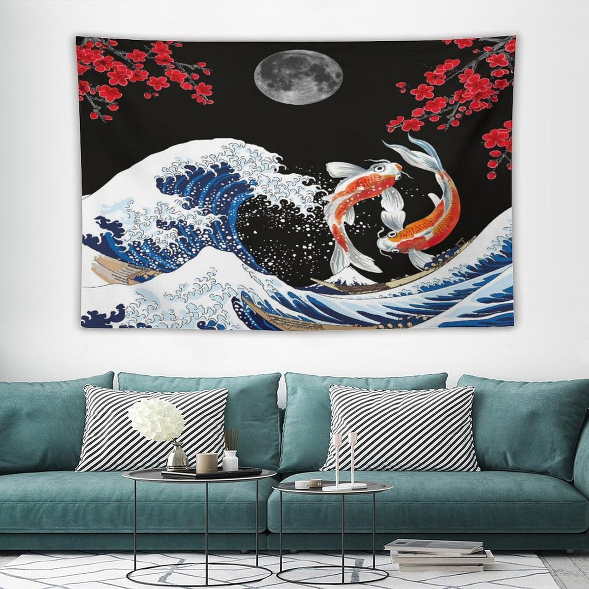Houselerax Japanese Koi Fish Tapestry, Yin Yang Big Wave Red Cherry Blossom Tapestries Wall Hanging for Bedroom Living Room Office Decor 60"x40"