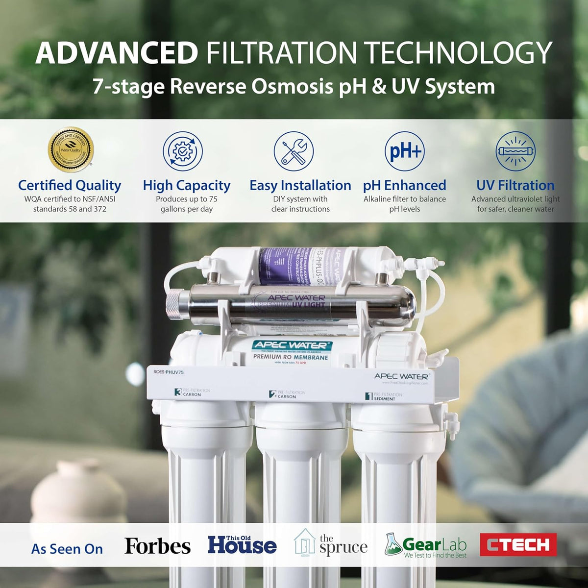 APEC Water System ROES-PHUV75 Essence Series Top Tier Alkaline Mineral pH+ and UV Ultra-Violet Sterilizer 75 GPD 7-Stage Ultra Safe Reverse Osmosis Drinking Water Filter System