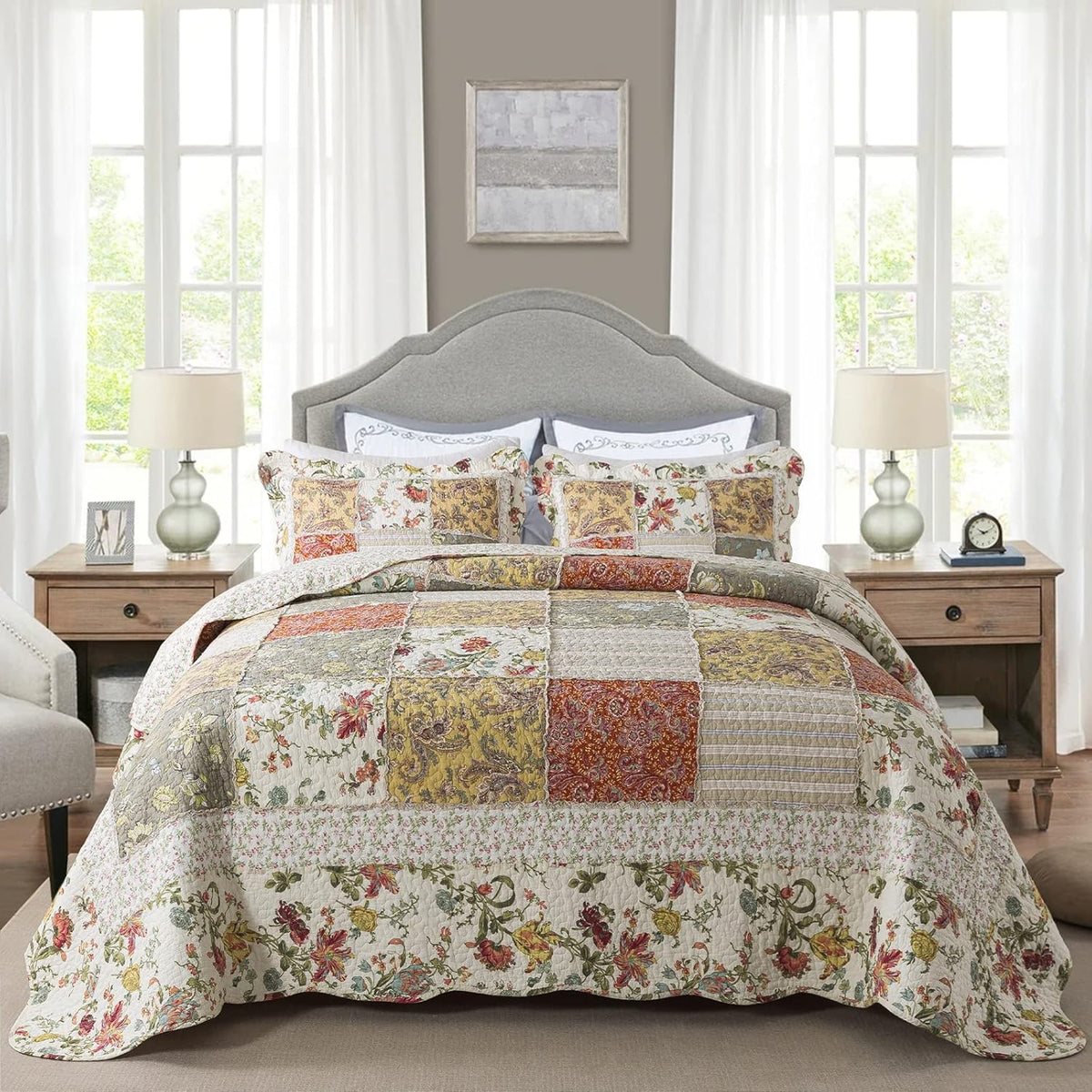 NEWLAKE Cotton Patchwork Bedspread, 3-Piece Bedding Quilt Set with Real Stitched Embroidery, Reversible Matelasse Bed Coverlet Set,Floral Paisley Grid with Lace,King Size