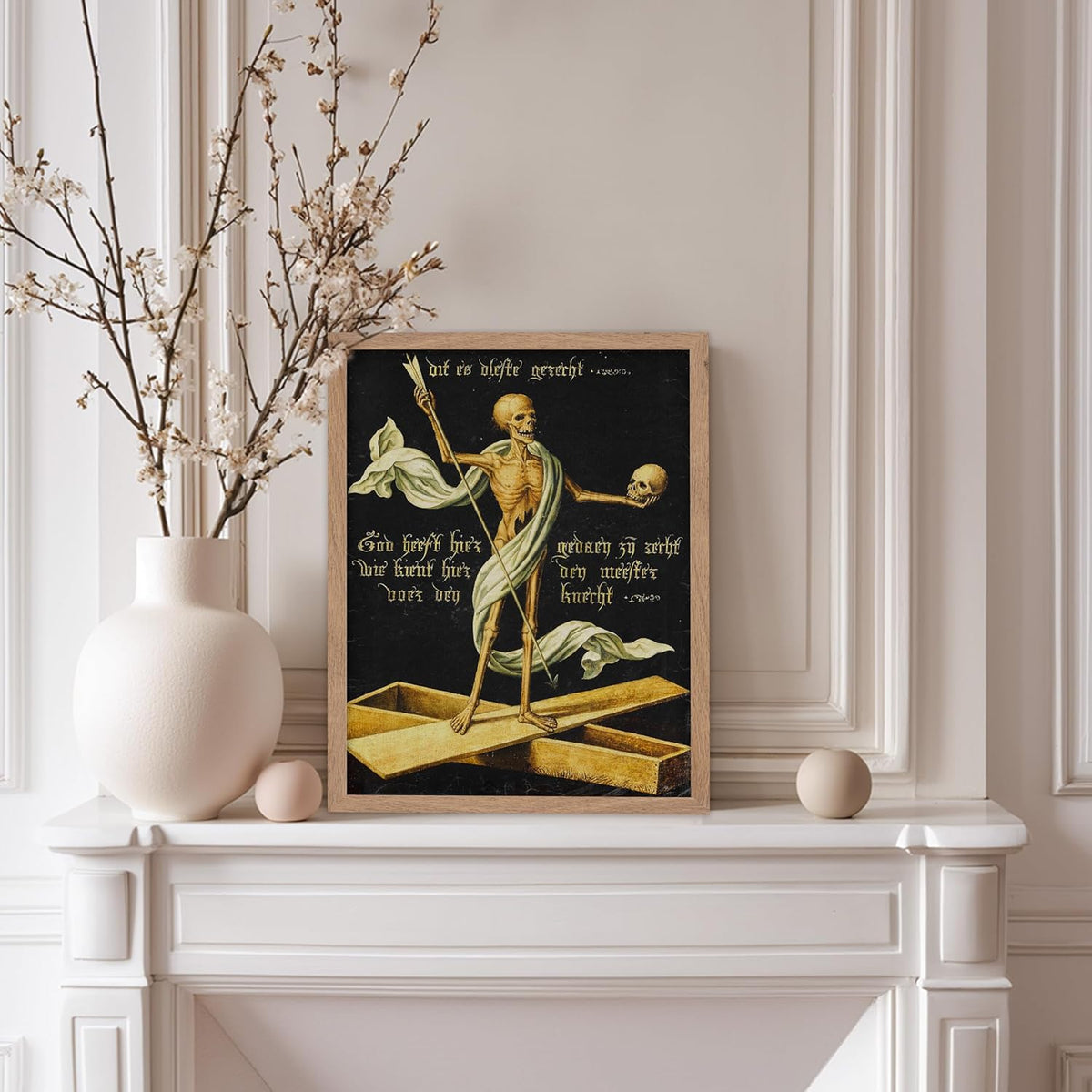 Poster Master Vintage Medieval Poster - Retro Gothic Print - Gift for Artist, Friend - Allegory of Life and Death, Skeleton, Dark, Skull - Wall Decor for Home, Living Room, 8x10 Beige Framed