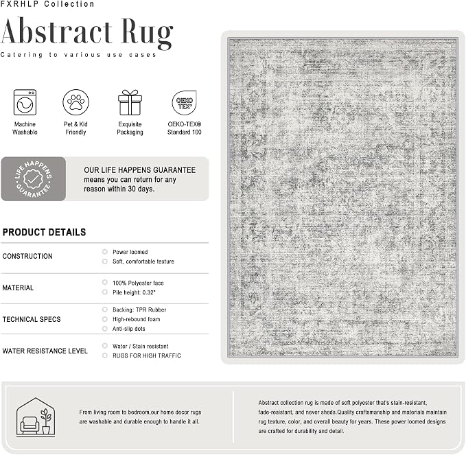 Area Rug Living Room: 4x6 Modern Washable Soft Carpet Black Grey | - Image 3