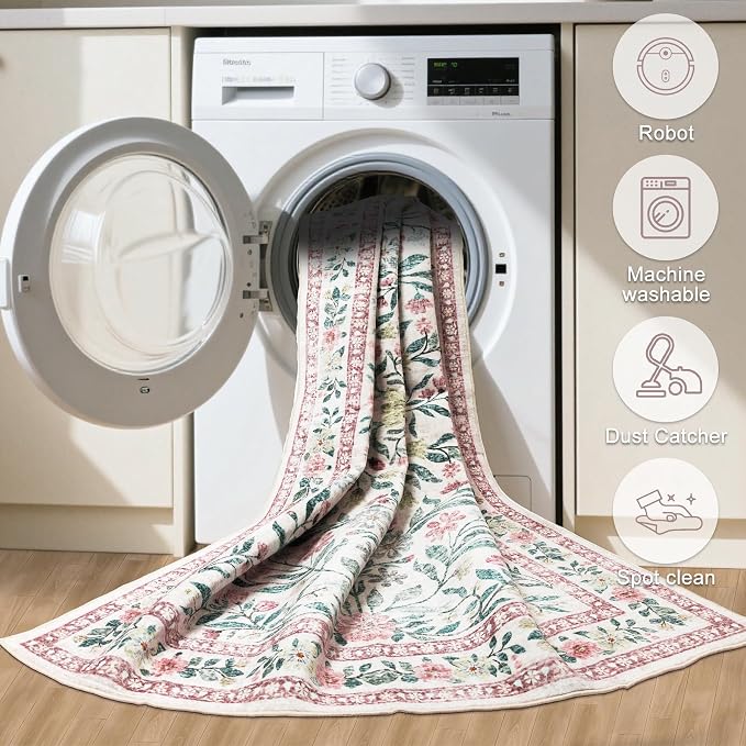 PLHXFR 2.6x10 Washable Runner Rug：Floral Indoor Kitchen Carpet Pink Green | - Image 8
