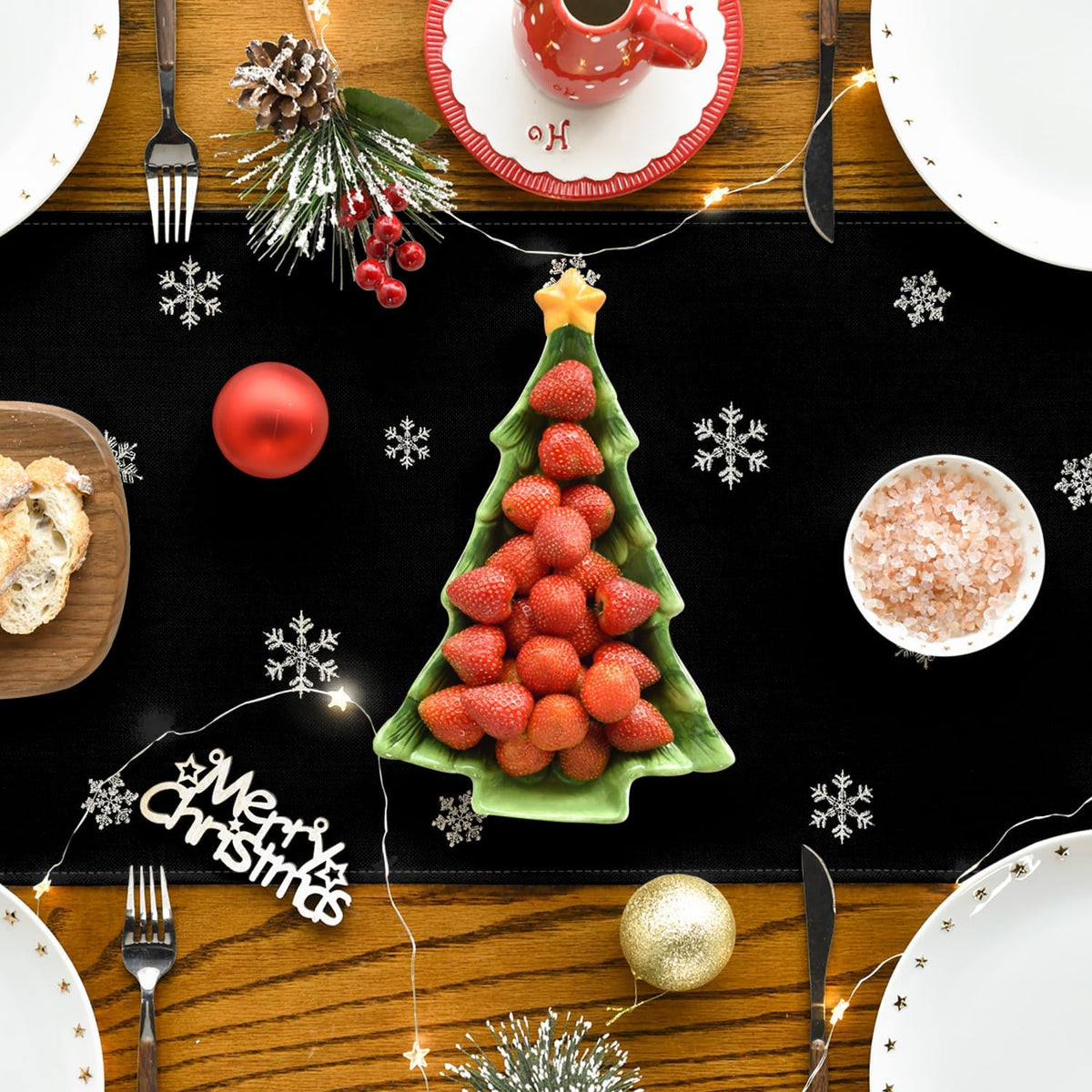 Artoid Mode Xmas Trees Snowflakes Black Merry Christmas Table Runner, Winter Seasonal Kitchen Dining Table Decoration for Home Party Decor 13x108 Inch