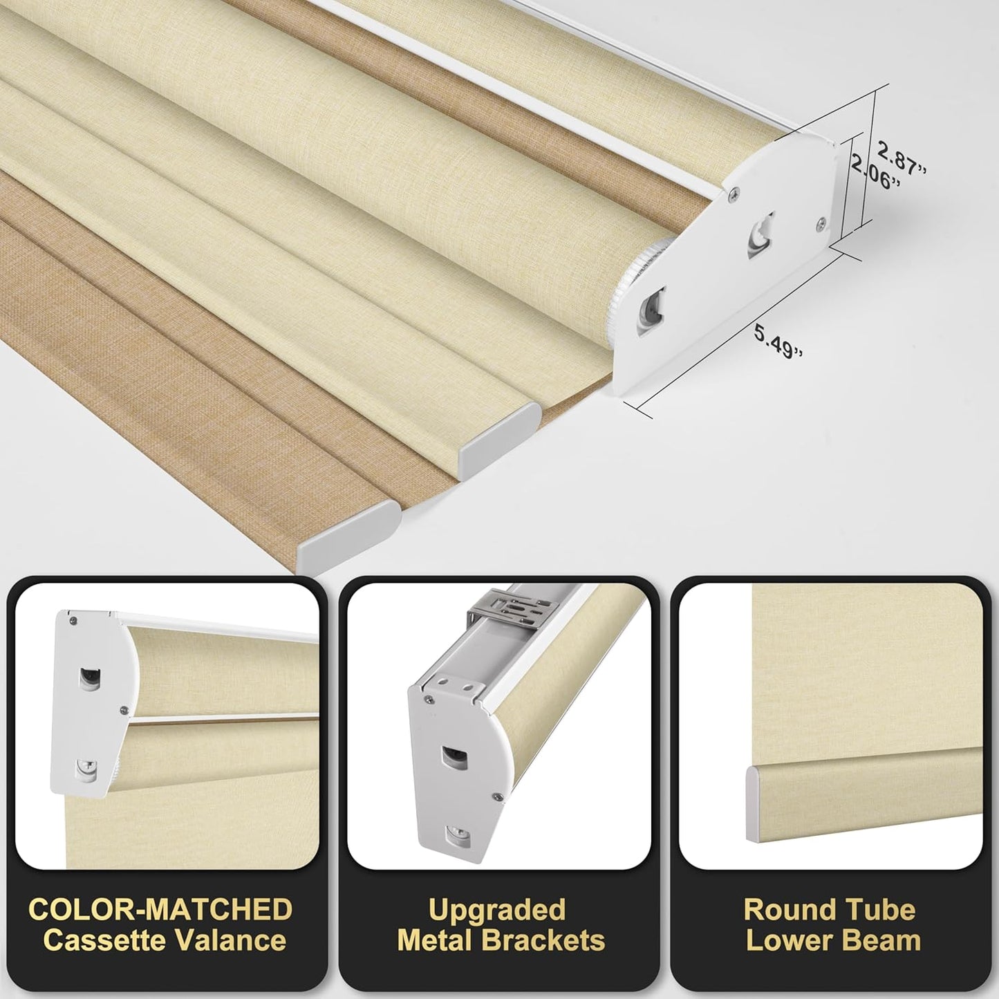 BERISSA Cordless Dual Roller Shades with Cassette Valance - Double Blackout and Light Filtering Shades for Home Office Doors. Linen Beige. 67" W x 44" H