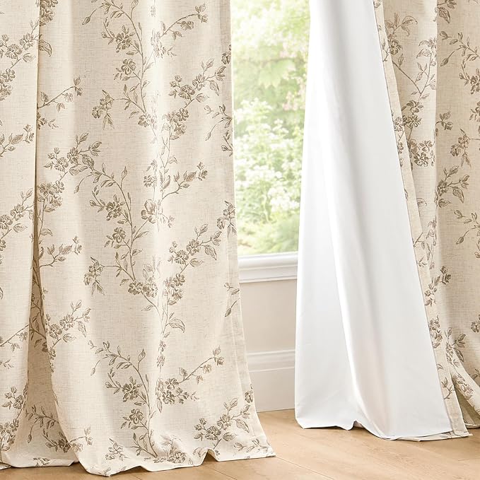 Blackout Vintage Floral Linen Curtains Taupe on Beige 50×84 2 Panels | Elisa - Image 9