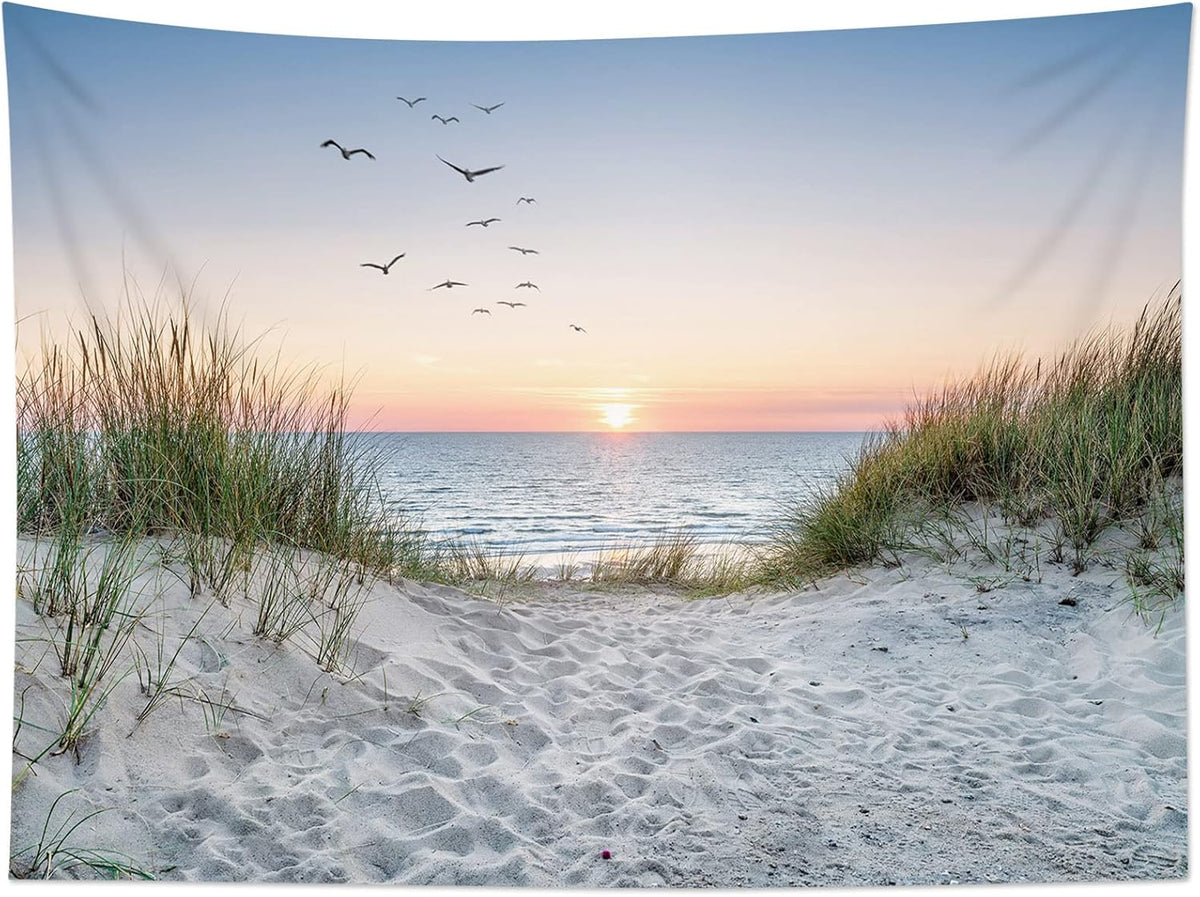 HVEST Ocean Beach Tapestry Wall Hanging, Sunset Seabird and Beach with Grass Wall Hanging Tapestry Natural Landscape Tapestry for Bedroom Living Room Dorm Decoration Wall Decor, 59x51 Inches