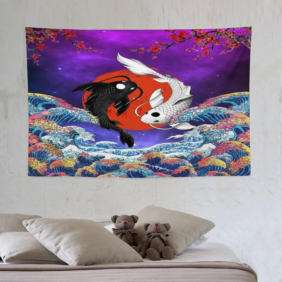 Houselerax Japanese Koi Fish Tapestry, Yin Yang Big Wave Cherry Blossom Tapestries Wall Hanging for Bedroom Living Room Office Decor 60"x40"