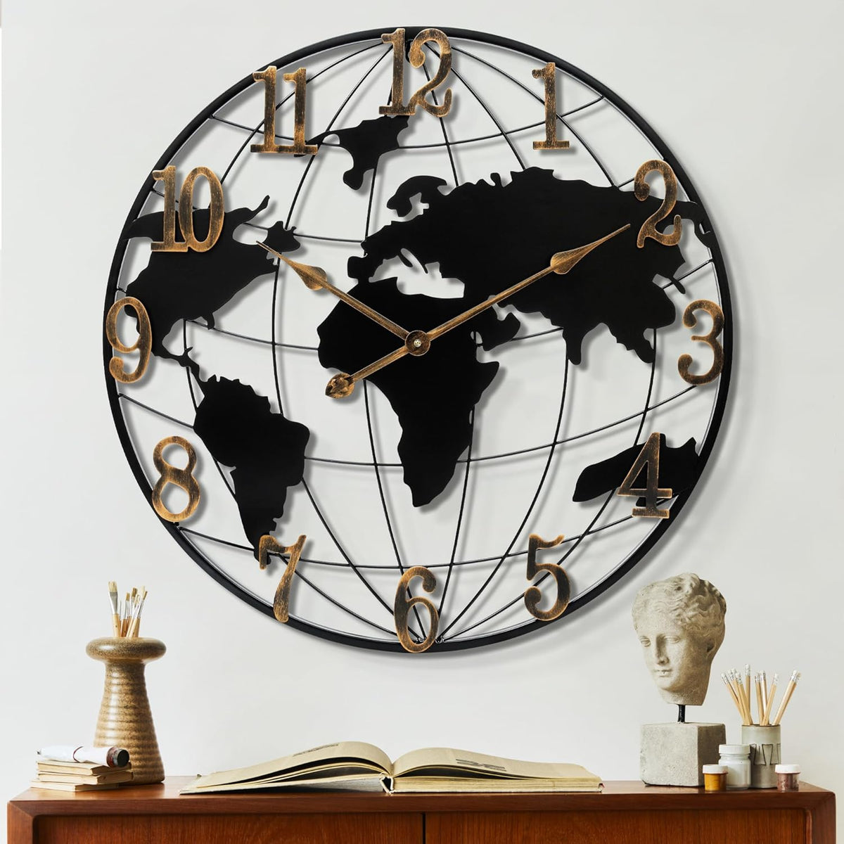 Large Wall Clock - 24 Inch World Map Minimalist Modern Round Metal Wall Clock Silent Non-Ticking Battery Operated Wall Clocks for Living Room Kitchen Office Farmhouse Home Decor