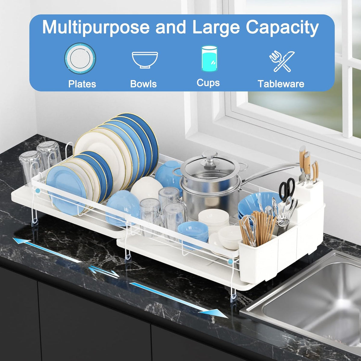 ROTTOGOON Expandable Dish Drying Rack,Multifunctional Adjustable Dish Drainer with Swivel Spout and Anti-Rust Dish Rack with Removable Cutlery & Cup Holders for Kitchen Counter,White