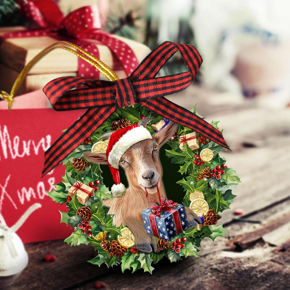 Talataca Goat Wearing A Christmas Hat Wreath Farm Animal Lover 2D Flat Christmas Tree Wood Ornament Decor Wooden Hanging Decoration House Present Xmas Eve Keepsake Decorative