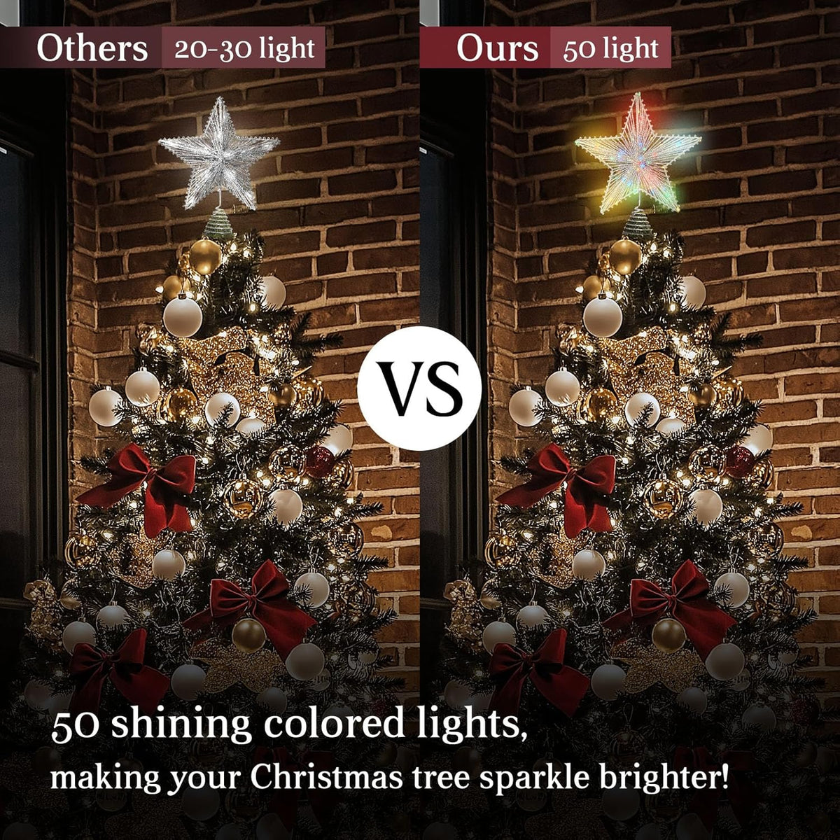 Christmas Tree Topper Star Silver with 50 Colouful LED Lights 8 Lighting Modes Timer, Tradition Tree Topper Star for Home Holiday Xmas Tree Christmas Decor, Colorful Light
