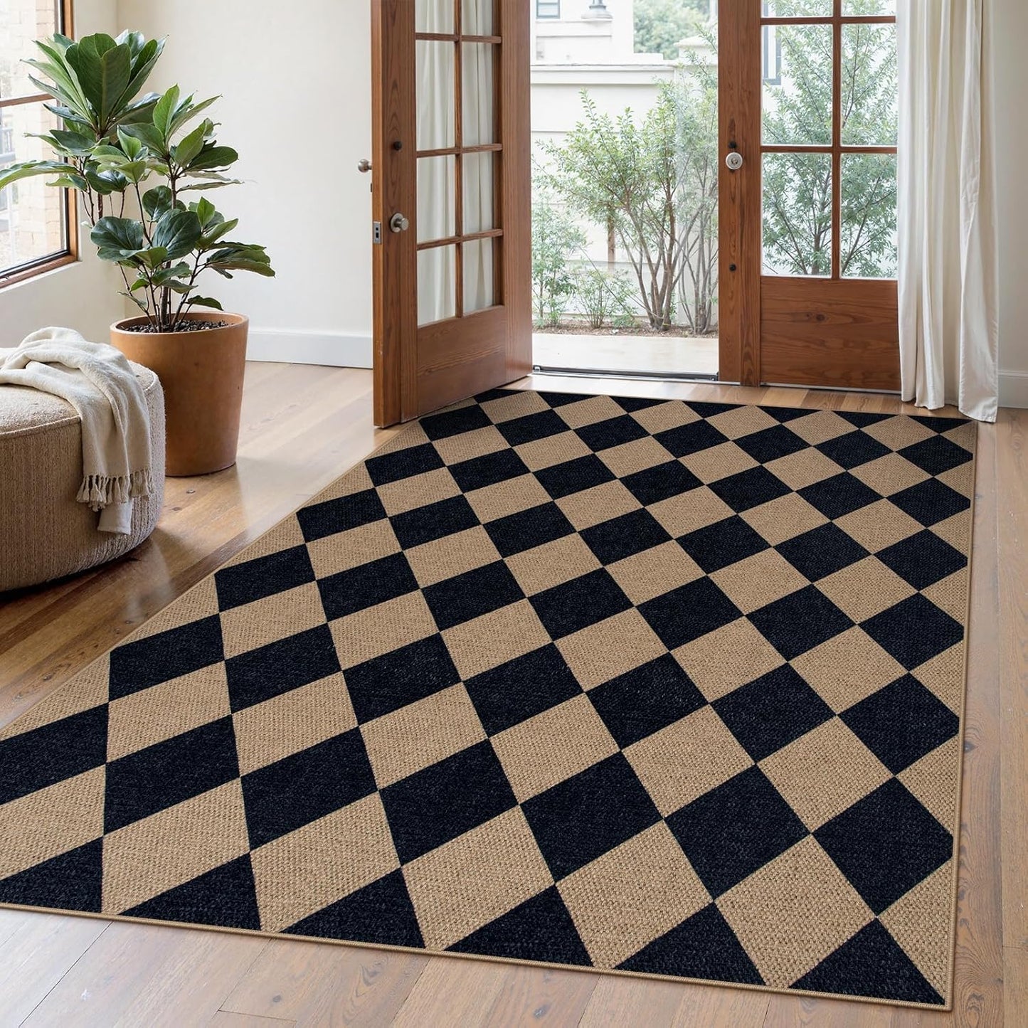 Lahome Checkered Easy Jute Outdoor Rug, 5x7 Area Rugs for Living Room Nature Large Dining Room Carpet, Farmhouse Outdoor Patio Non Slip Diamond Carpet for Home Office Bedroom Backyard Deck