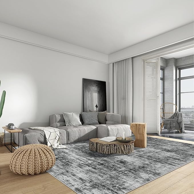 5x7 Area Rugs for Living Room: Washable Abstract Black Badroom Carpet | - Image 5