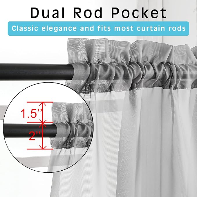 Charcoal Grey Sheer Curtains 36 inches Long, Short Kitchen Window Treatment - Image 2