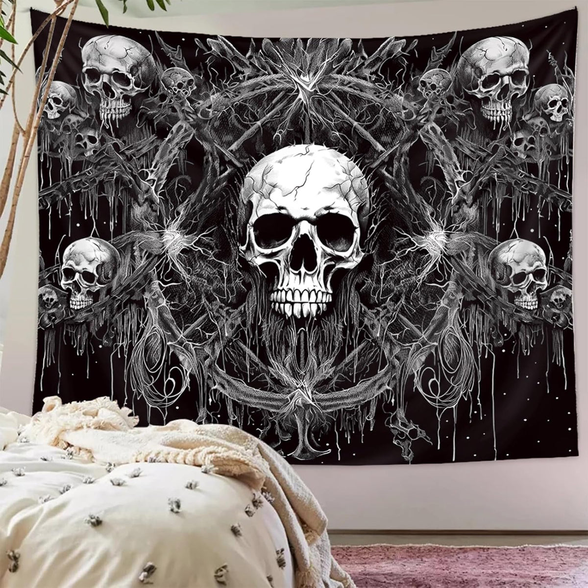 Tapzen Gothic Black and White Wall Tapestry - Dark Skeleton Horror Design - Aesthetic Cool for Bedroom, Living Room, Dorm (60 x 60 inches)