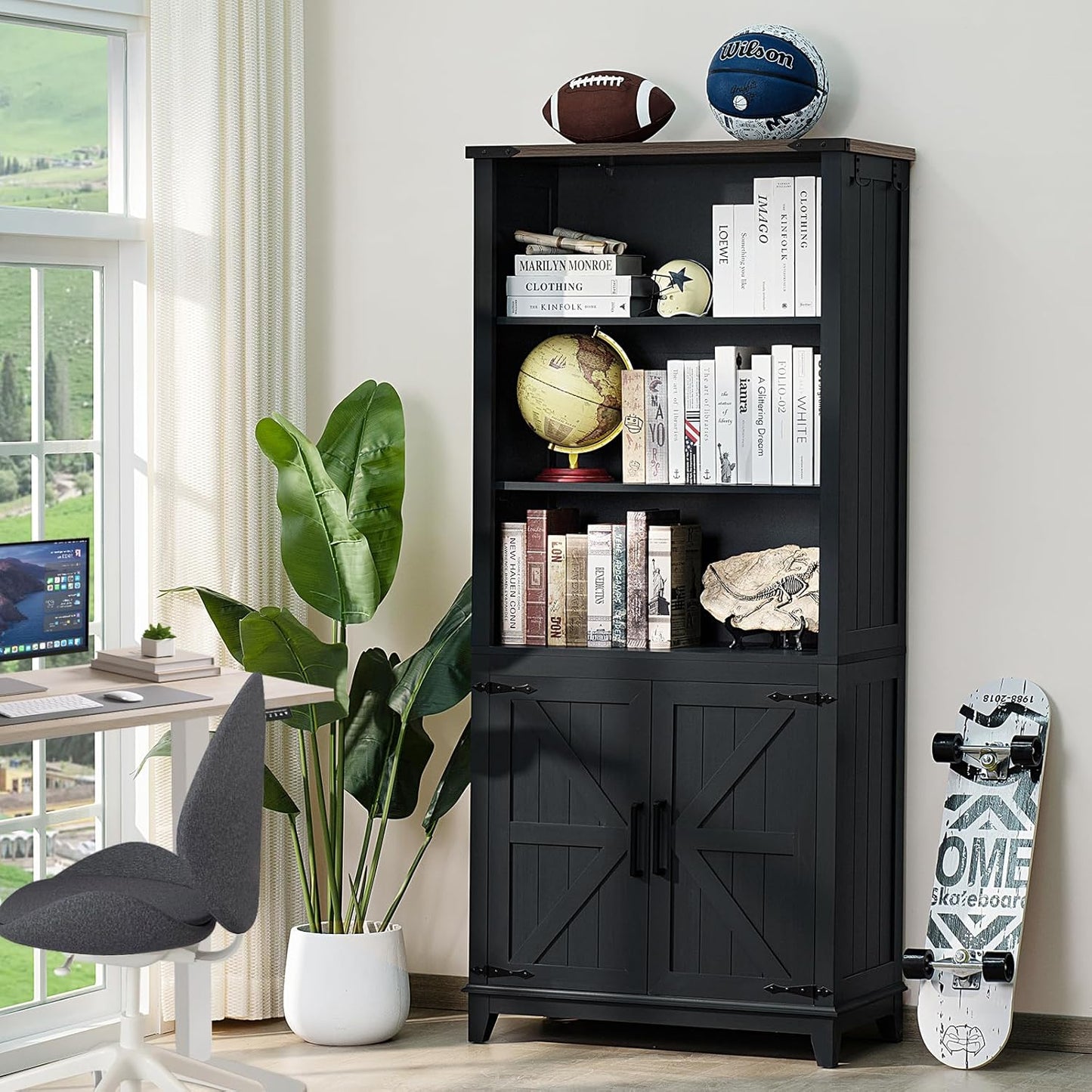 70in Tall Bookshelf 5 Tier Bookcase with Barn Doors and Adjustable Shelves, Black Farmhouse Book Shelf with Storage Cabinet, Wood Freestanding Display Bookshelves for Bedroom, Kitchen (3PCS)