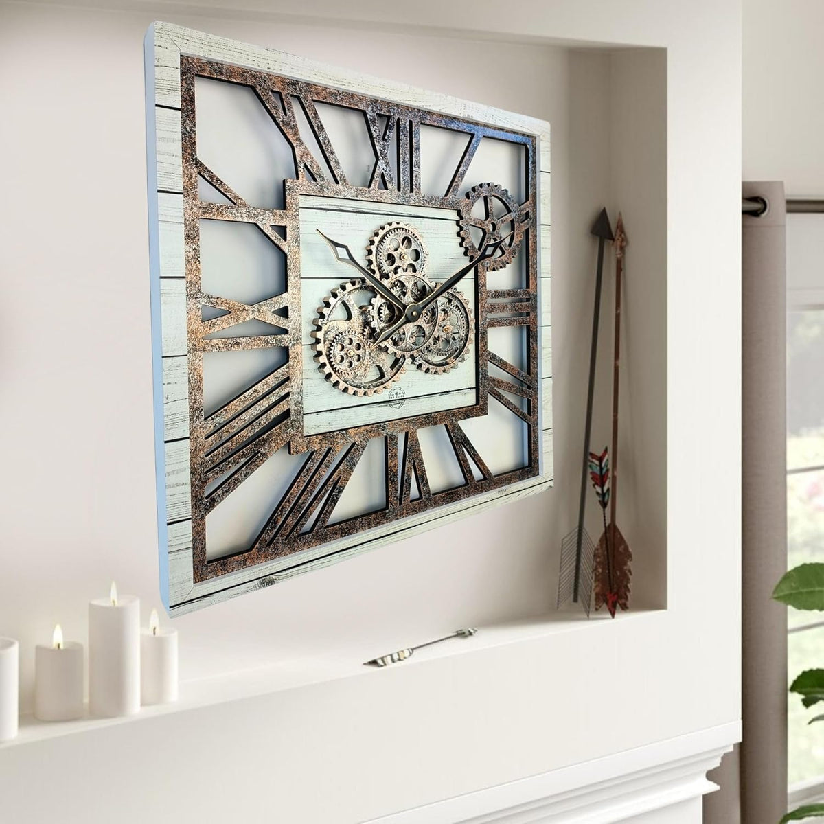 The Gears Clock 24'' Inch Square Real Moving Gear Wall Clock Vintage Industrial Oversized Rustic Farmhouse (White Farmhouse)