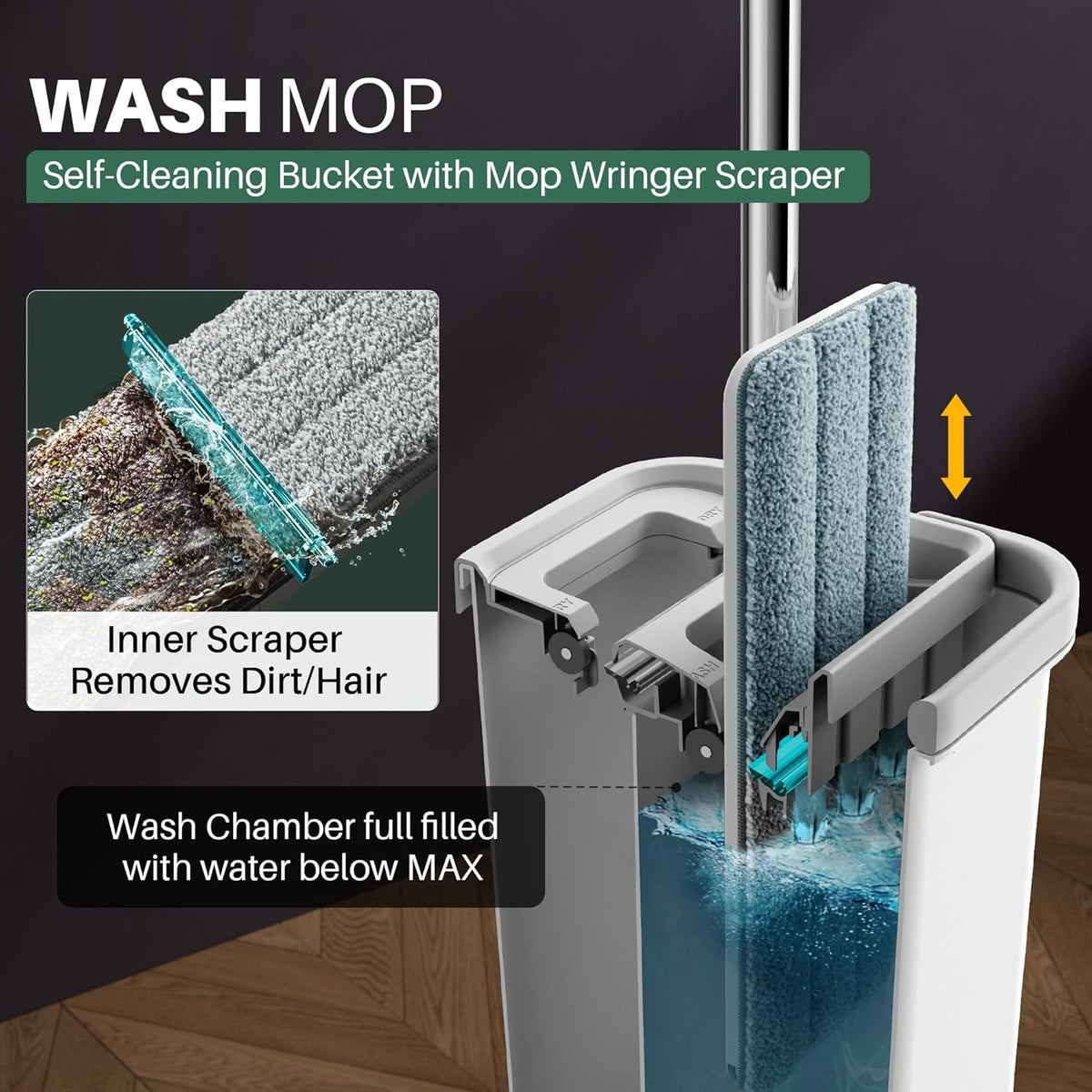 JOYMOOP Mop and Bucket with Wringer Set, Hands Free Flat Floor Mop and Bucket, 60" Mop with 6 Reusable Microfiber Pads, Wet and Dry Use, Floor Cleaning System