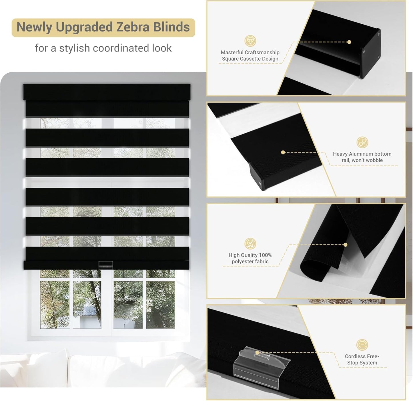 Cordless Zebra Blinds for Windows, Blackout Interior Blinds,Easy to Install,UV Protection,for Offices and Home,Custom Roller Shades, Solid Black, 25" W x 72" H