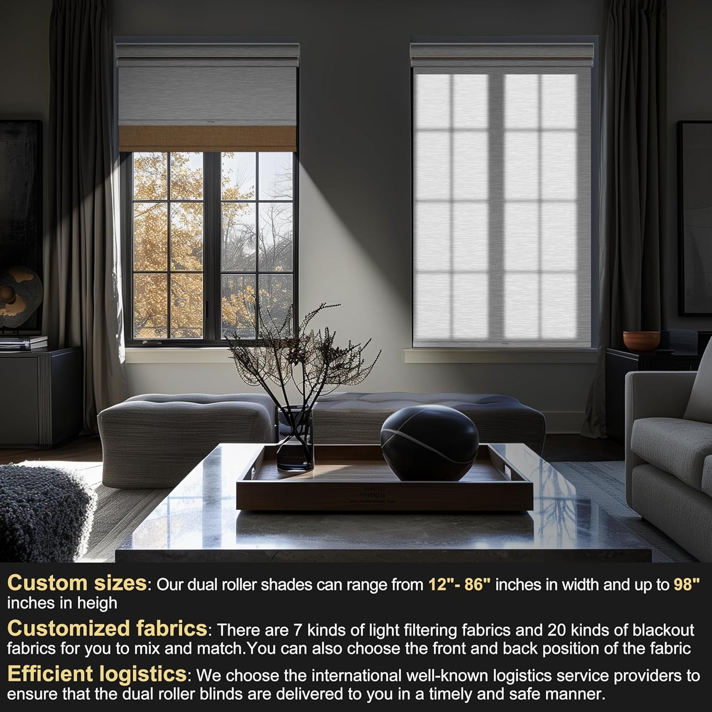 BERISSA Cordless Dual Roller Shades With Cassette Valance, Blackout and Light Filtering, Day and Night for Home Office Door - Linen Beige and White, 45 W x 44" H