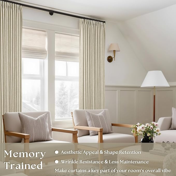 Beige Pinch Pleated Linen Curtains 105 Inches Long 2 Panels | Memory Training - Image 5