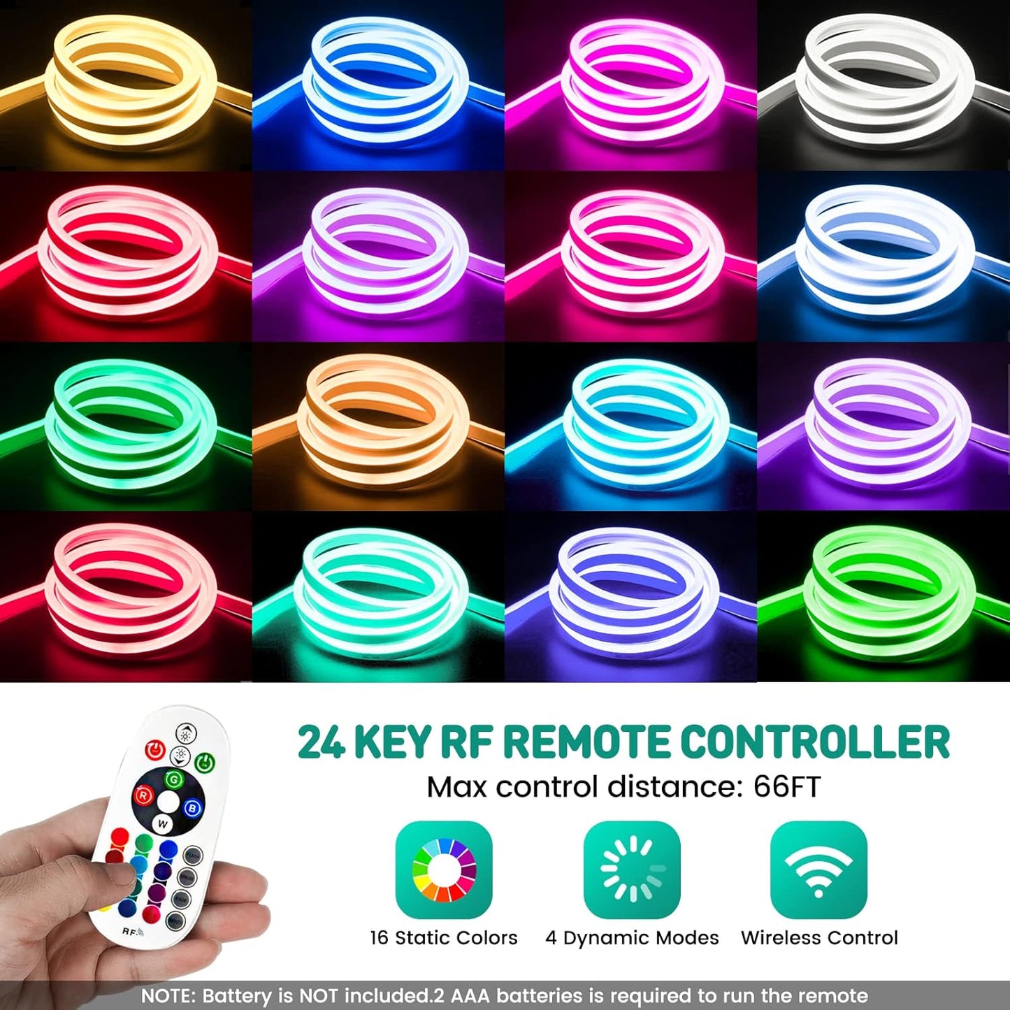 GZBtech RGB LED Neon Rope Lights 82FT/25M, AC 110-120V Waterproof Color Changing LED Rope with Remote Controller, Dimmable Multi Color Neon Rope Lighting for Indoor Outdoor Commercial Use