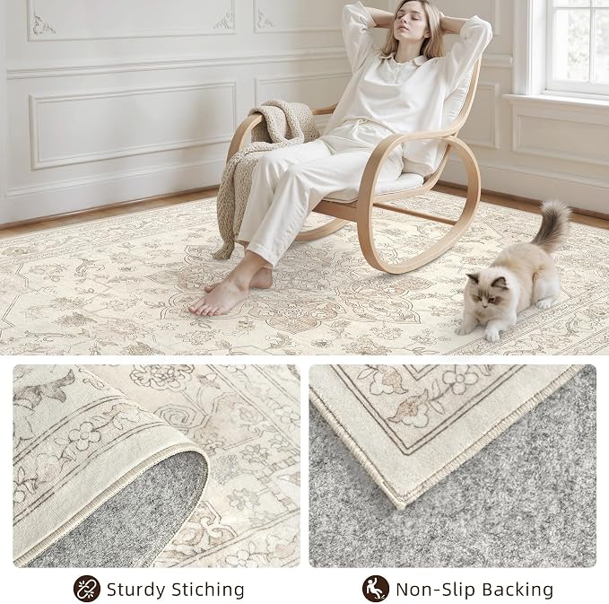 8x10 Area Rugs Living Room: Bedroom Washable Carpet Beige White | Vintage Boho - Image 4