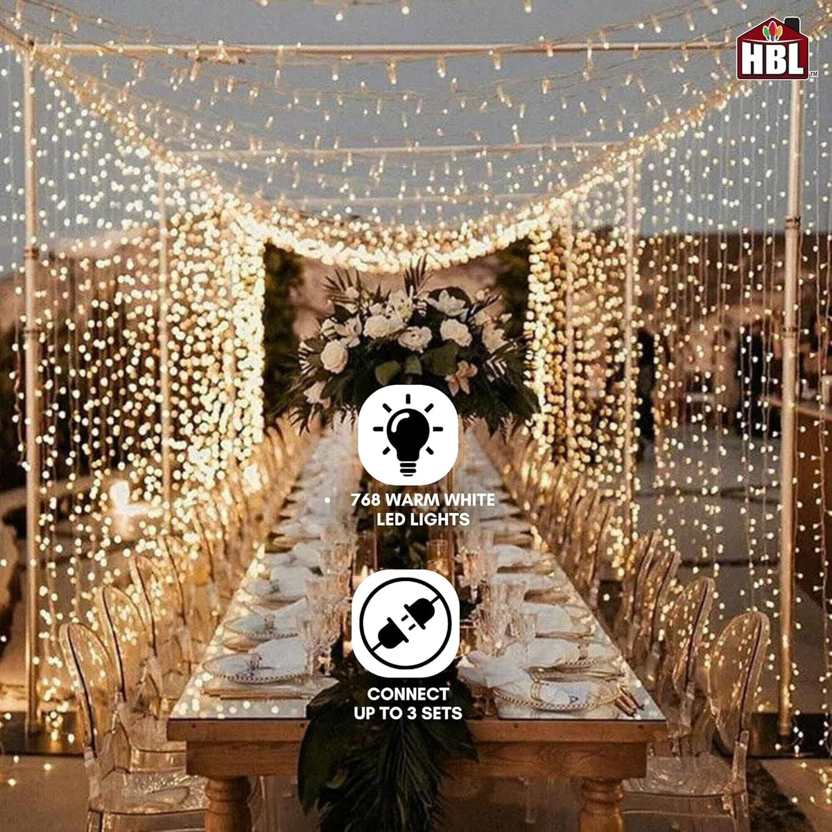 Belle Luci 768-Bulb Warm White Connectable LED Curtain Lights Outdoor Porch Decor 4'X8.5'