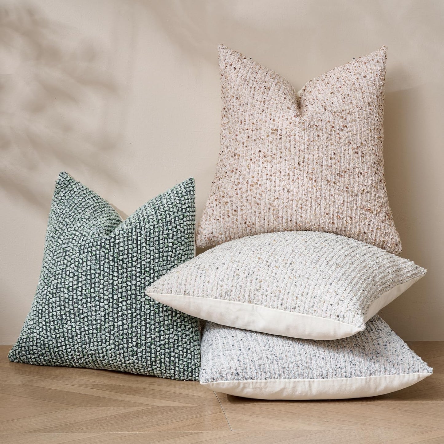 Striped Throw Pillow Covers 20x20 Set of 2 Cream Grey Textured Boucle Chic Morden Boho Accent Farmhouse Square Decorative Couch Pillow Covers for Home Decor Bed Sofa Living Room