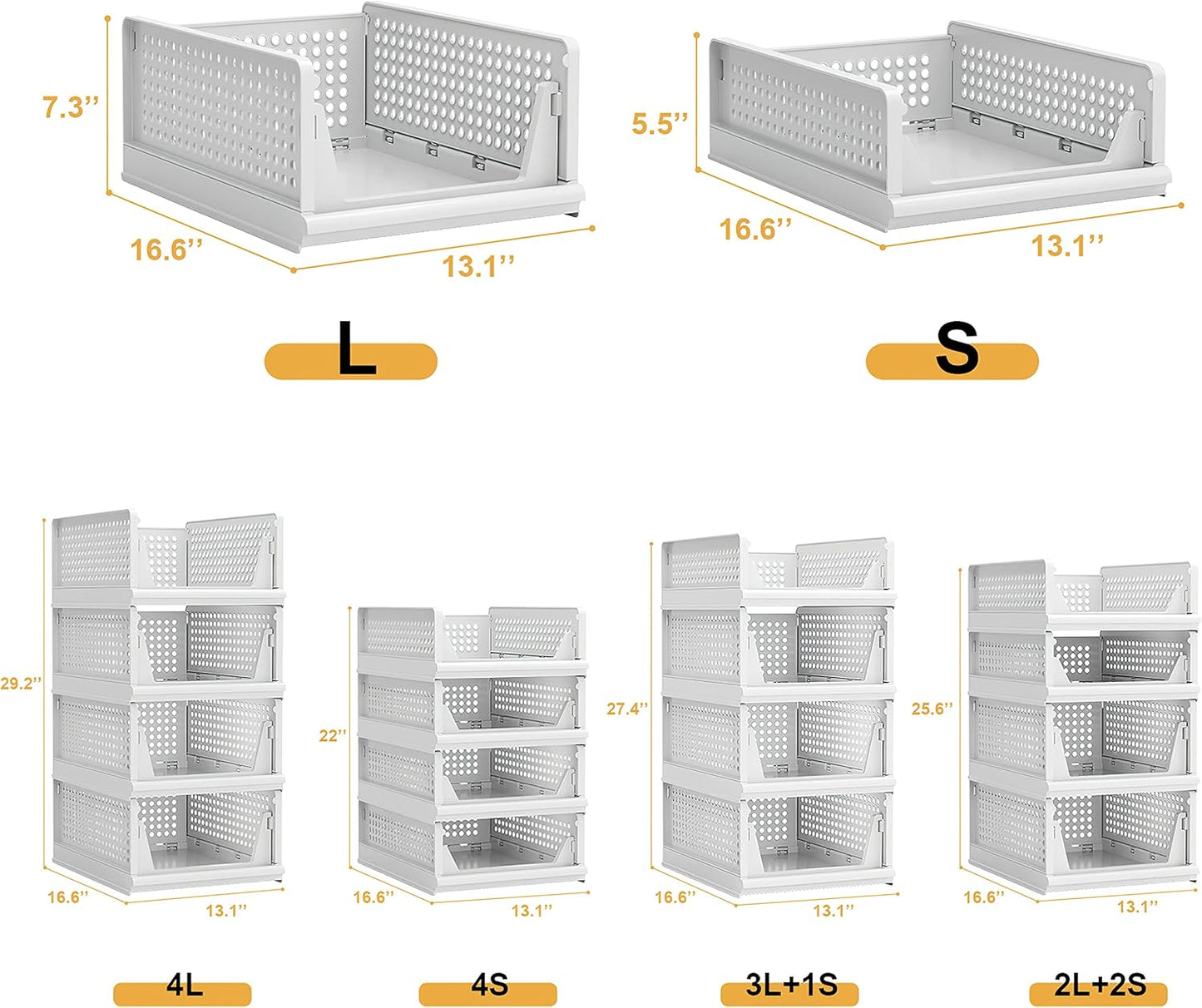 4 Pack Stackable Plastic Storage Basket Closet Organizer Bin Foldable Clothes Organizer Storage Drawer Shelf Container for Living Room Bathroom Kitchen Office (4S)