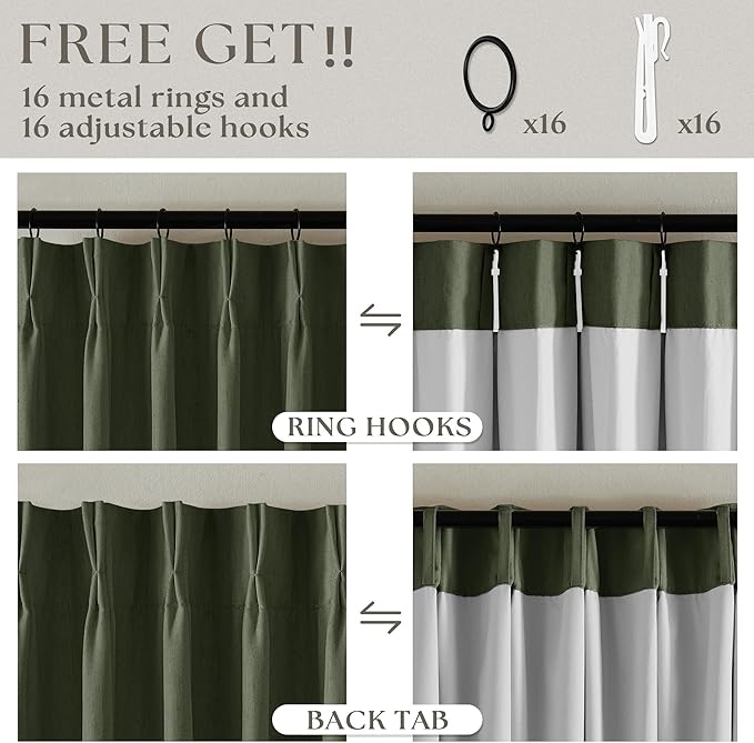 Olive Green Pinch Pleated Linen Blackout Curtains 90 Inch Long - Image 6