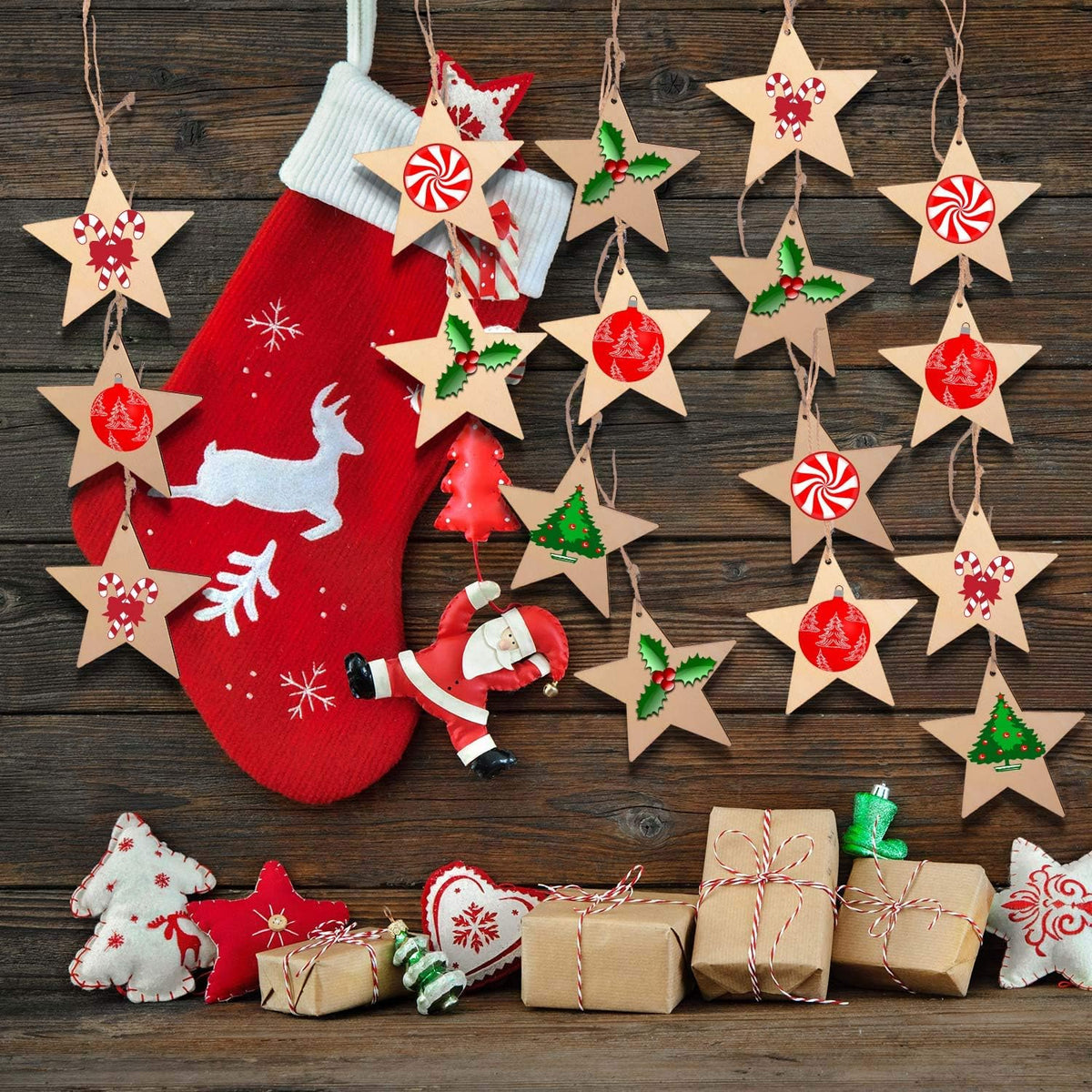 Blulu 100 Pieces Christmas Wooden Ornaments Star Round Wood Slices Wood Snowflake Angel Shape Christmas Tree Hanging Embellishments with 100 Pieces Cords (Style 2)