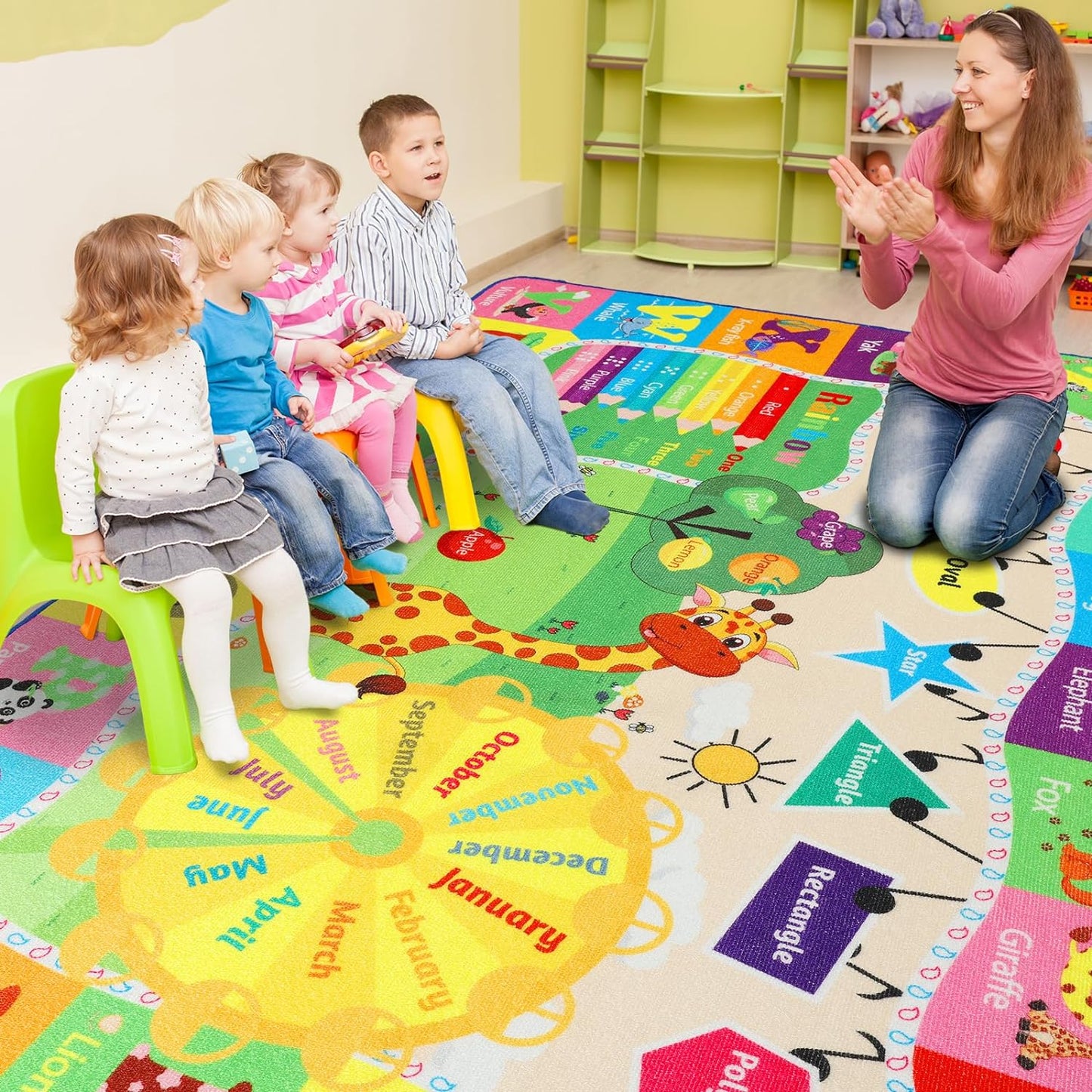 Kids Rugs for Playroom Classroom Bedroom, Educational and Fun Play Mat with ABC Alphabet Animals, Learning Rug for Children Toddler Baby Girls Boys Nursery, Washable, 4x6