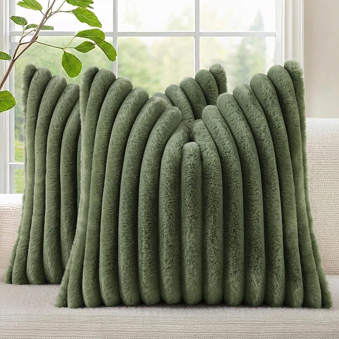 decorUhome Fall Faux Fur Throw Pillow Covers 24x24 Set of 2 Olive Green | by decorUhome