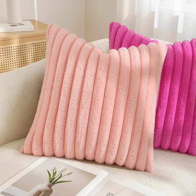 decorUhome Fall Faux Fur Throw Pillow Covers 22x22 Set of 2 Blush Pink | - Image 4
