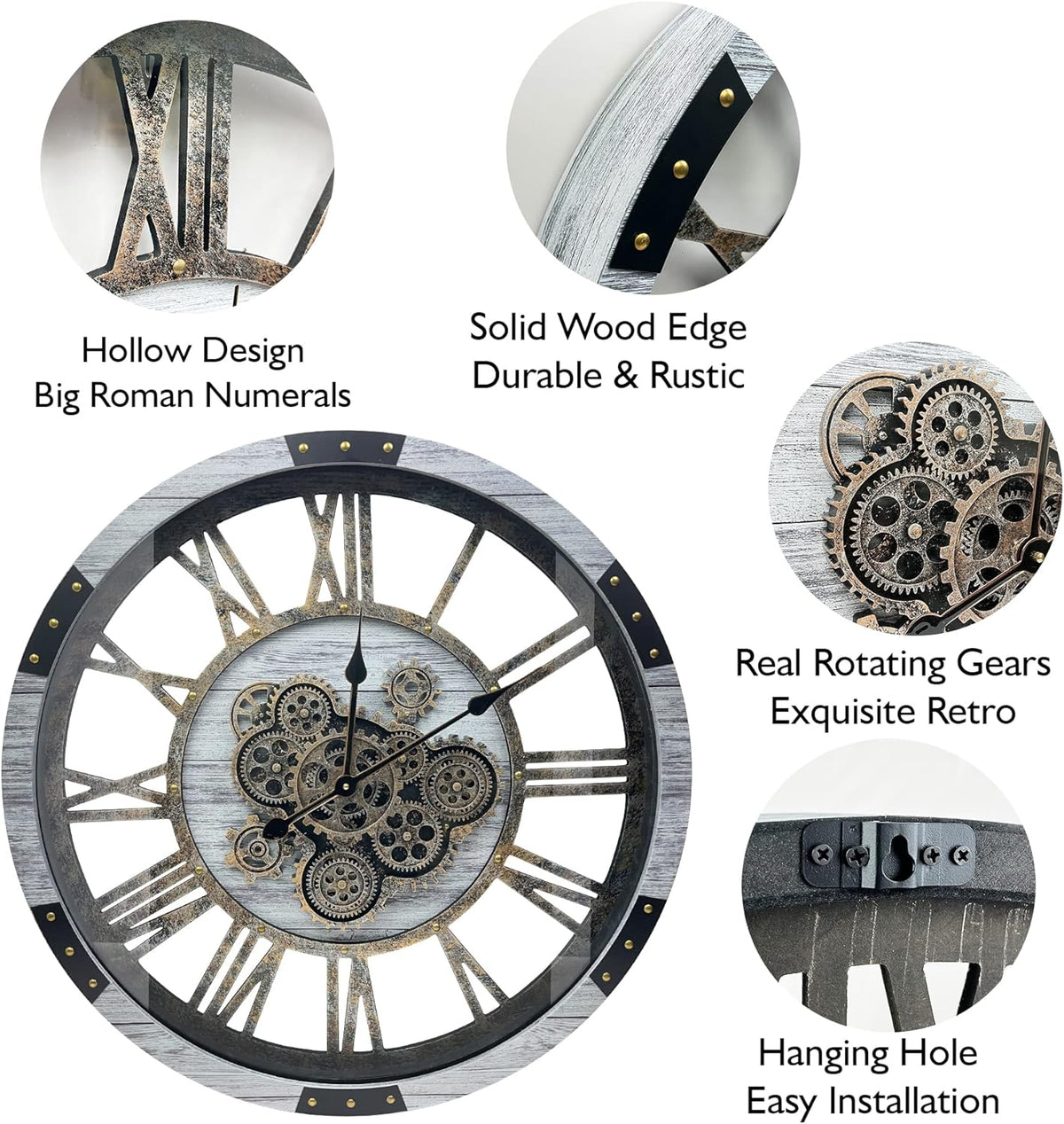 DORBOKER 24" Large Wall Clock with Moving Gears,Oversize Vintage Industrial Rustic Farmhouse Clocks for Living Room Decor Office Home,Solid Wood HD Tempered Glass Cover,Silver Grey