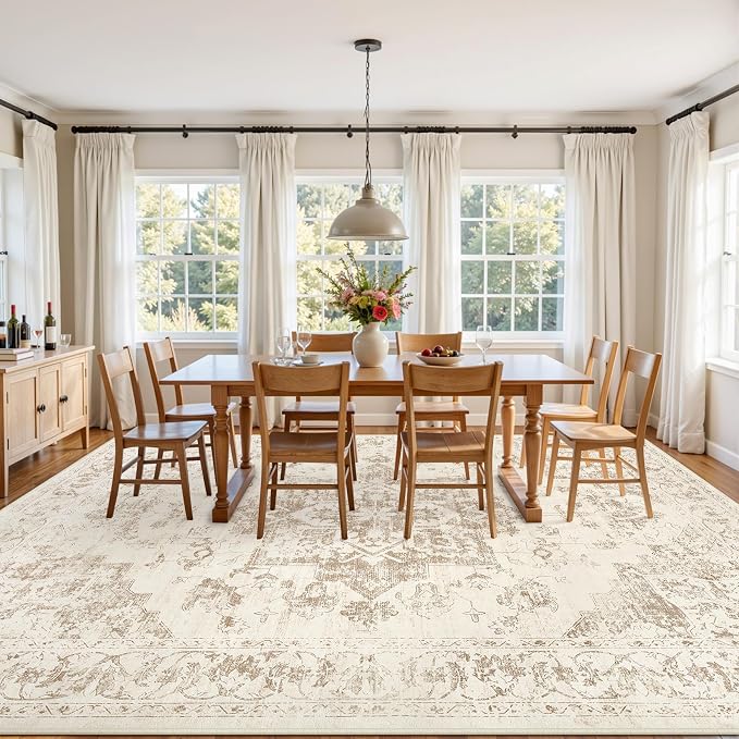 Area Rugs 9x12 Living Room: Bedroom Washable Carpet Beige/Ivory | Vintage Boho - Image 3