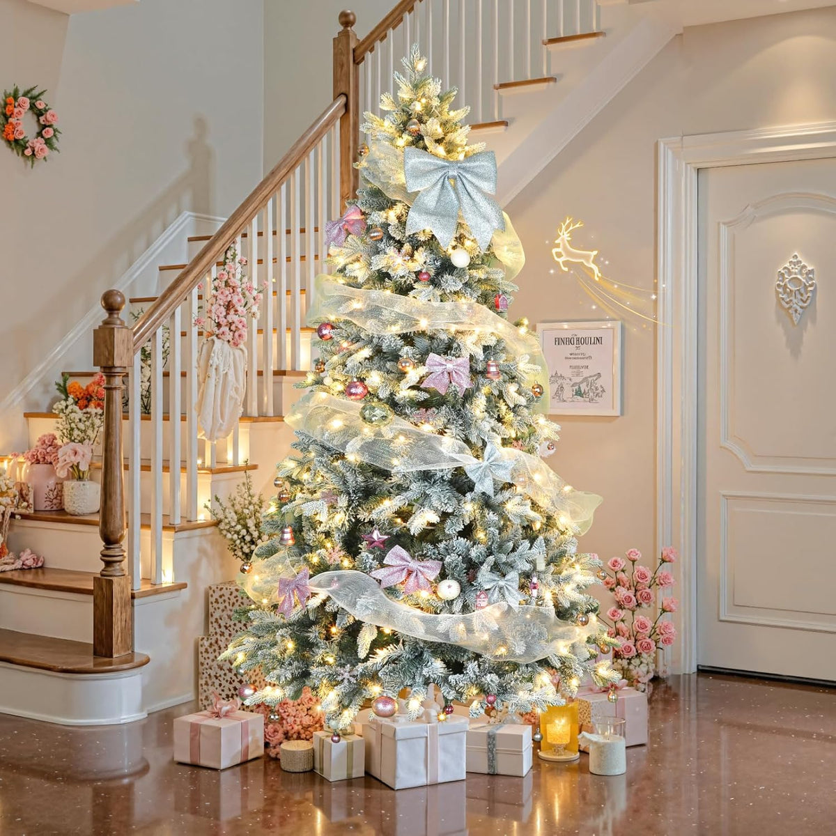 7.5ft 360° Rotating Pre-Lit Snow Flocked Christmas Tree, Built-in Music, Remote Control, 8 Light-Modes, White Christmas Tree for Home Decor