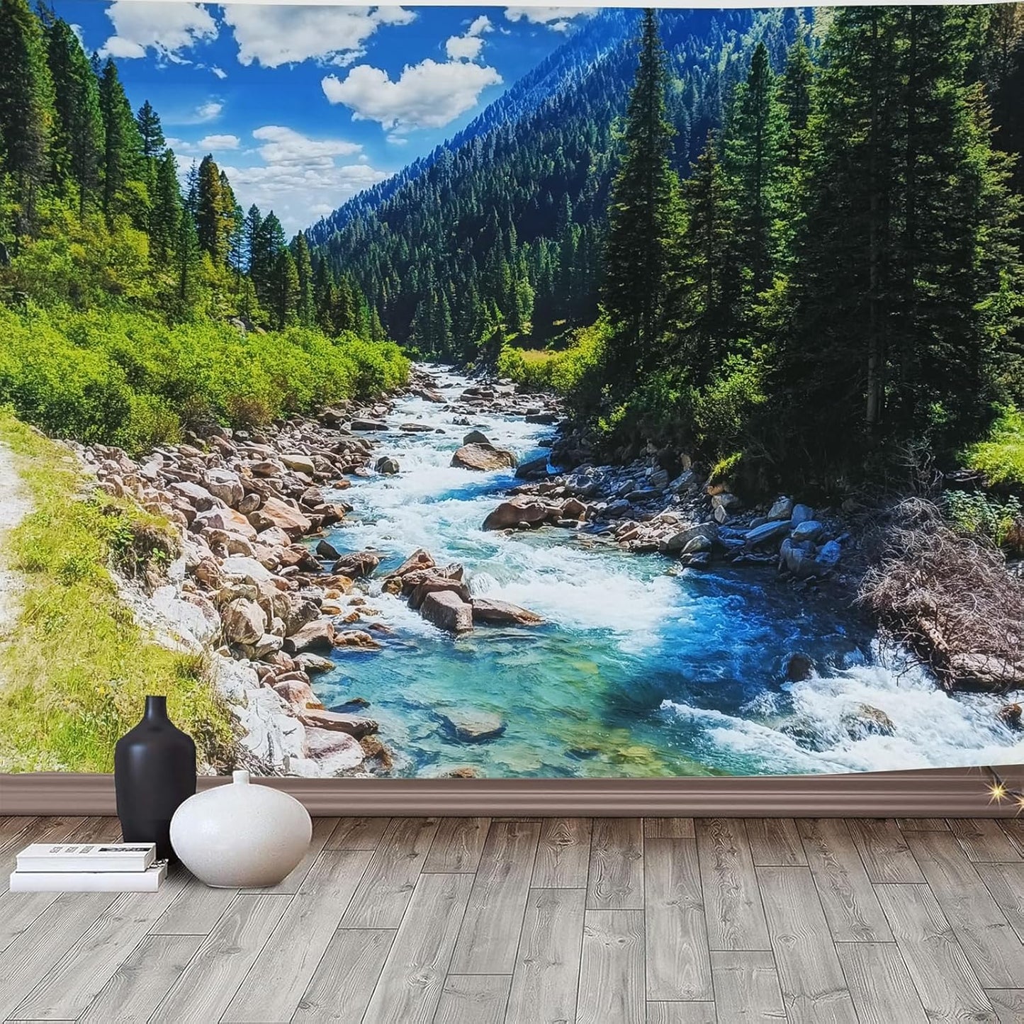 Nature Forest Mountain Tapestry Green Pine Tree Stream Tapestry White Clouds Flowing River Valley Landscape Scenery Tapestries Wall Hanging for Bedroom Dorm Living Room Office Classroom 80 x 60 Inch