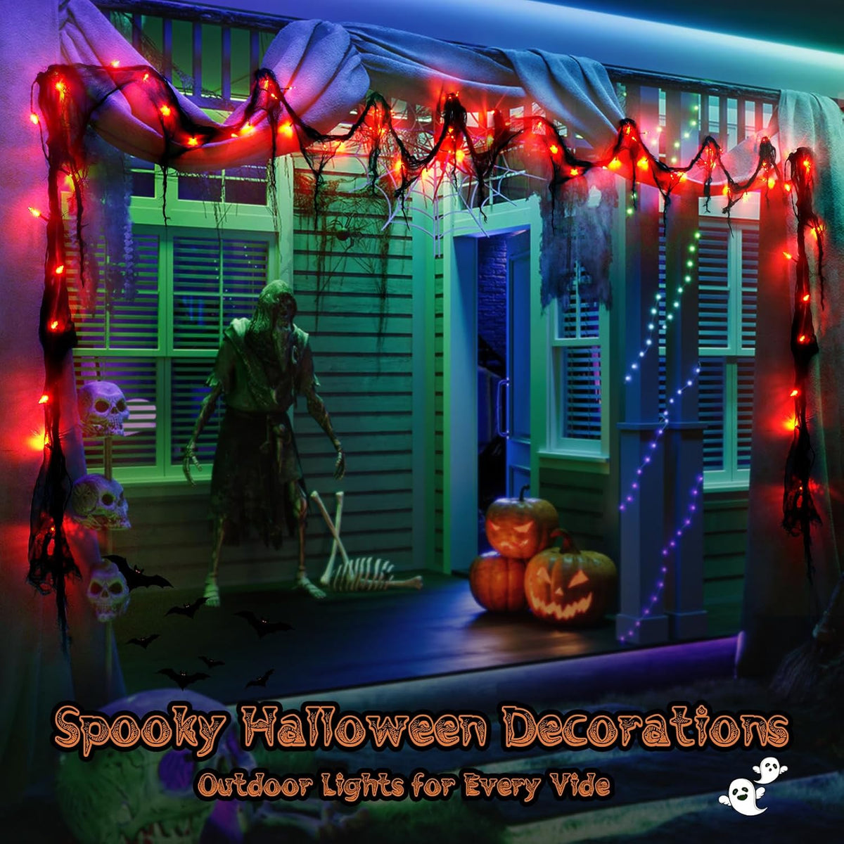 Halloween Horror Atmosphere Lights, Orange&Purple LED String Lights with 9.9FT Creepy Black Gauze, Battery Powered with Timer & 8 Flashing Modes (Red)